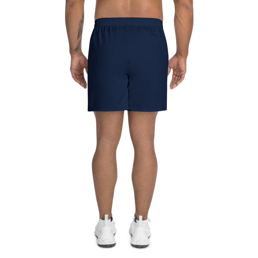 back view of mens navy blue athletic long shorts 