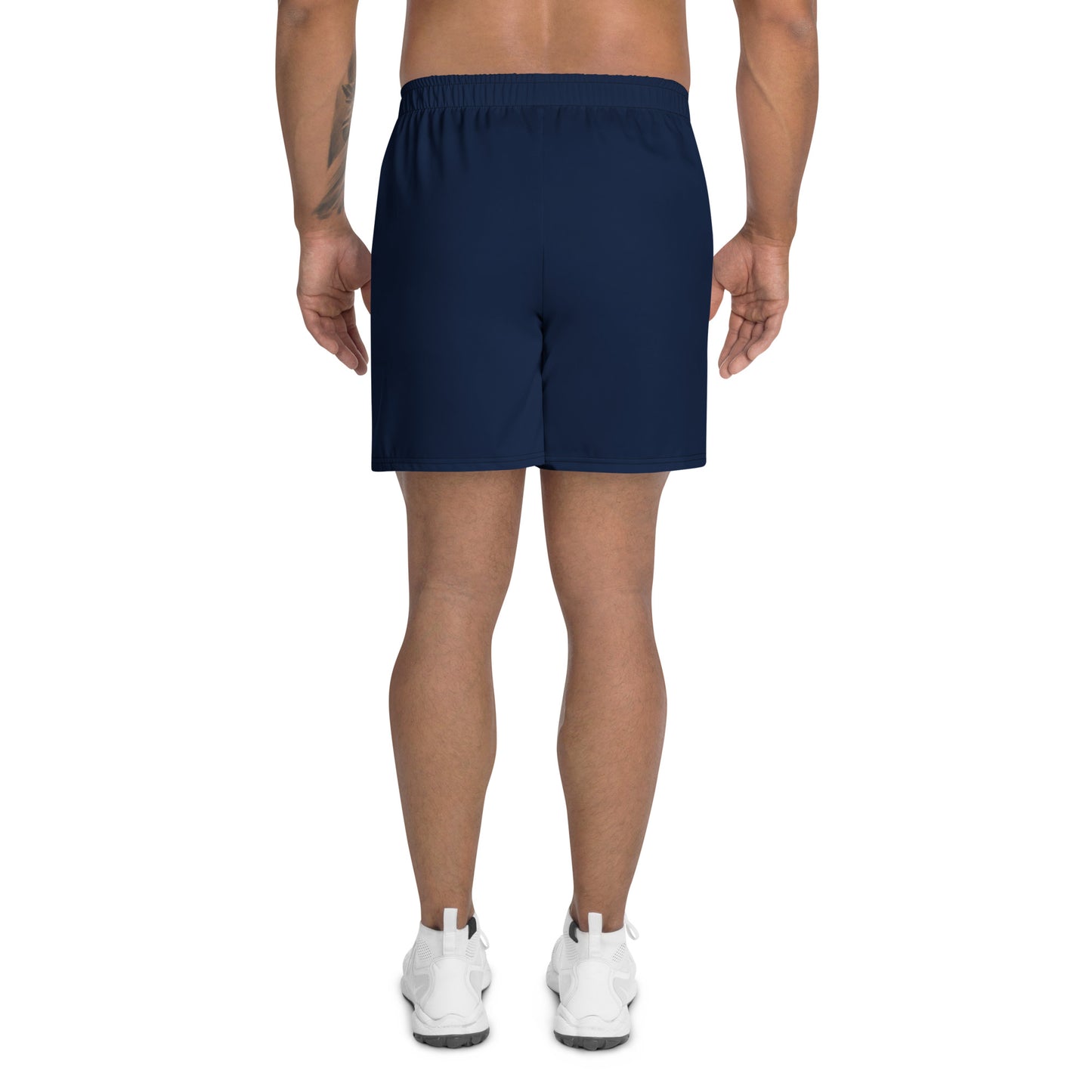 back view of mens navy blue athletic long shorts 