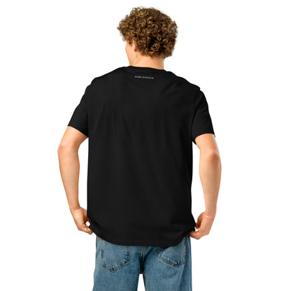 soft organic cotton men's top with text on the back