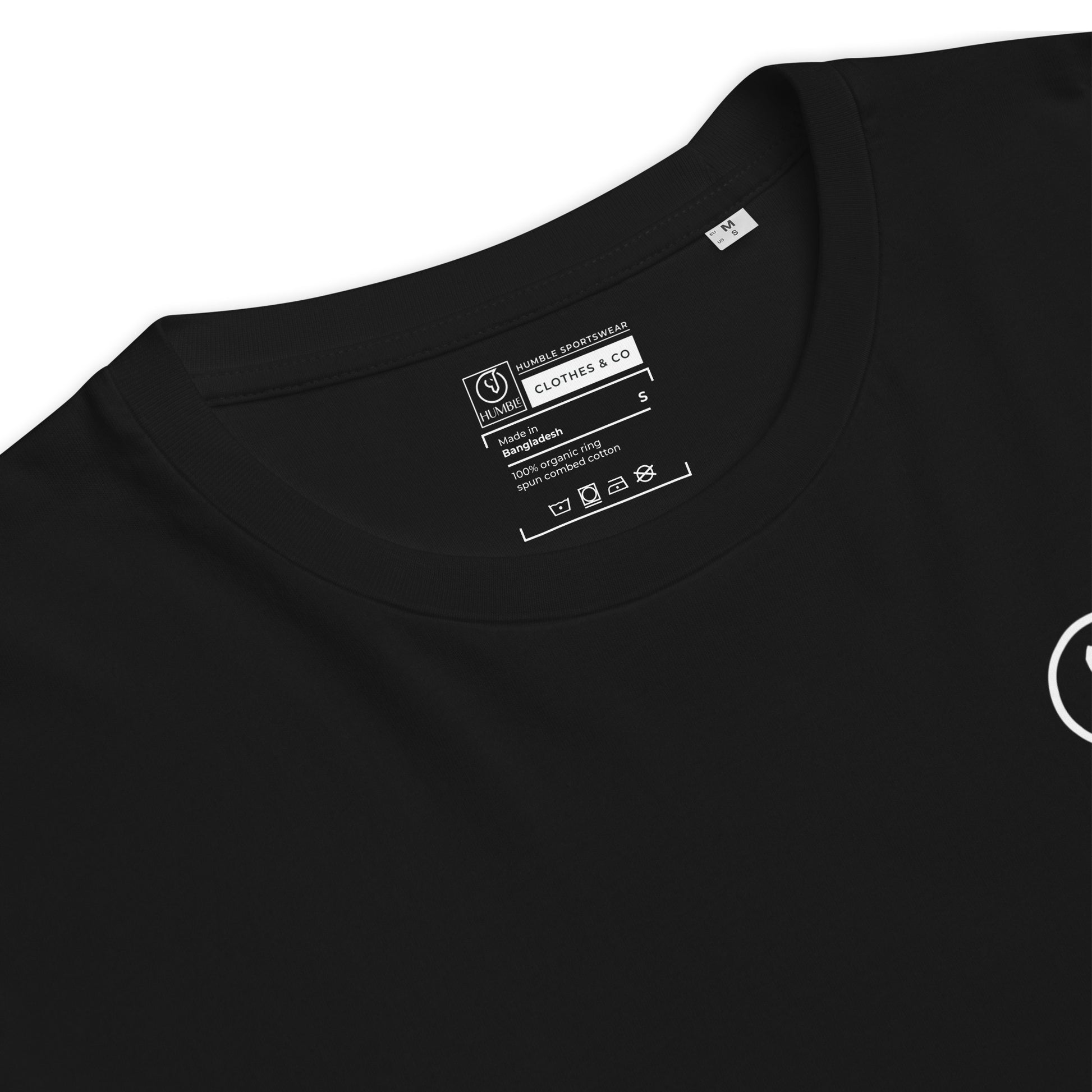 close up of t-shirt tag on black organic cotton men's shirt 