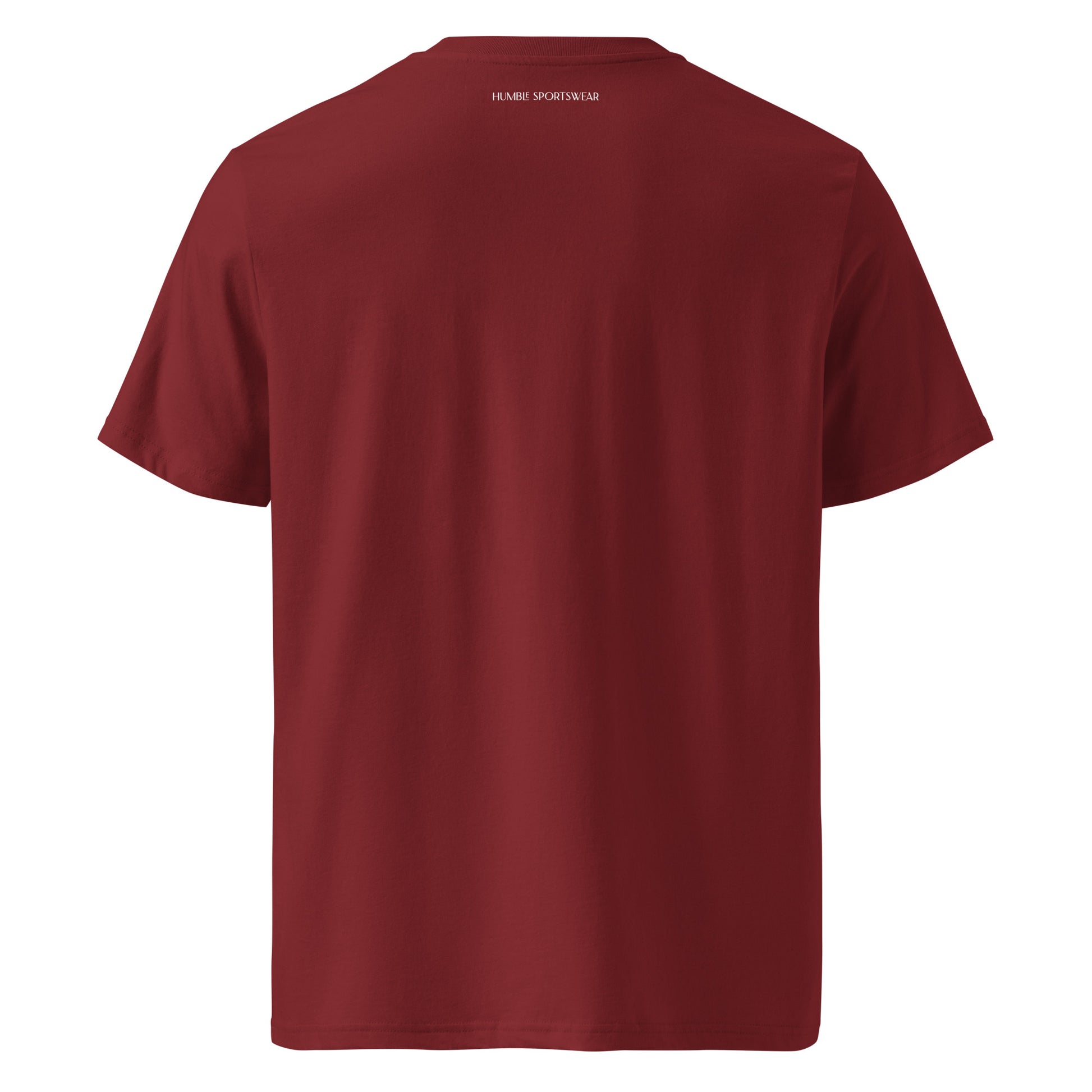 eco-friendly burgundy men's t-shirt with text on the back