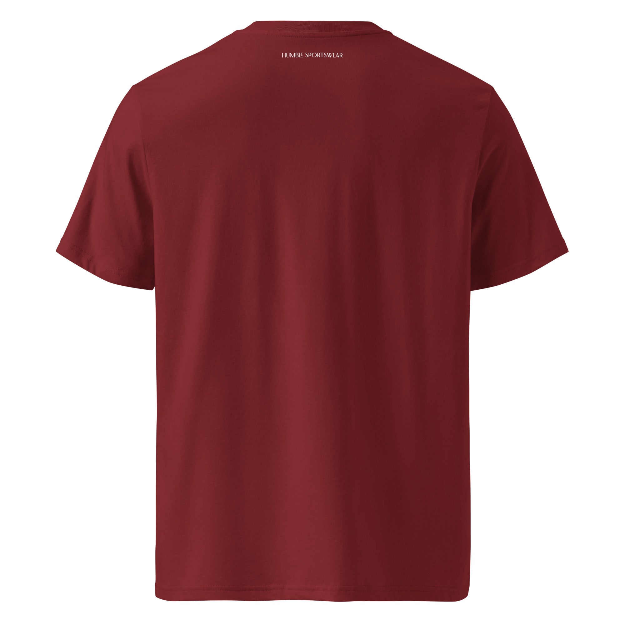 eco-friendly burgundy men's t-shirt with text on the back