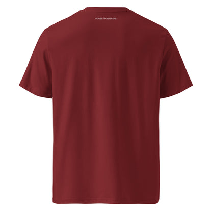 eco-friendly burgundy men's t-shirt with text on the back