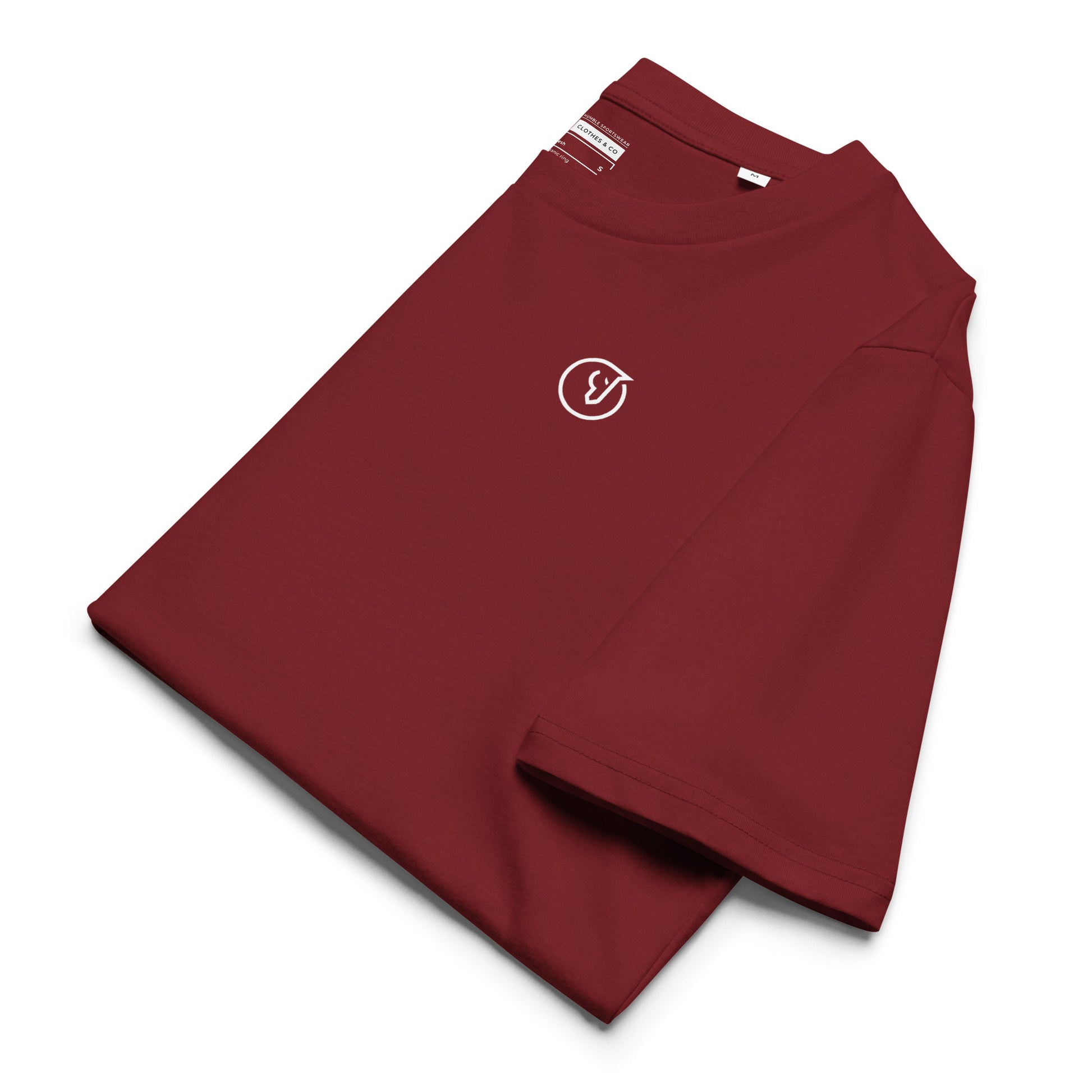 folded men's burgundy t-shirt with logo