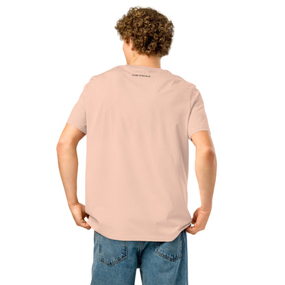 men's fitted crew neck t-shirt with text on the back