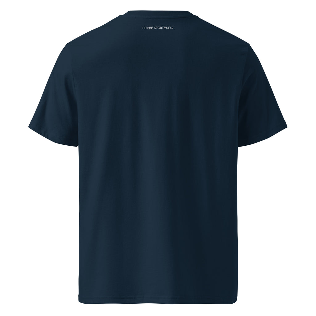 men's navy blue t-shirt with text on the back