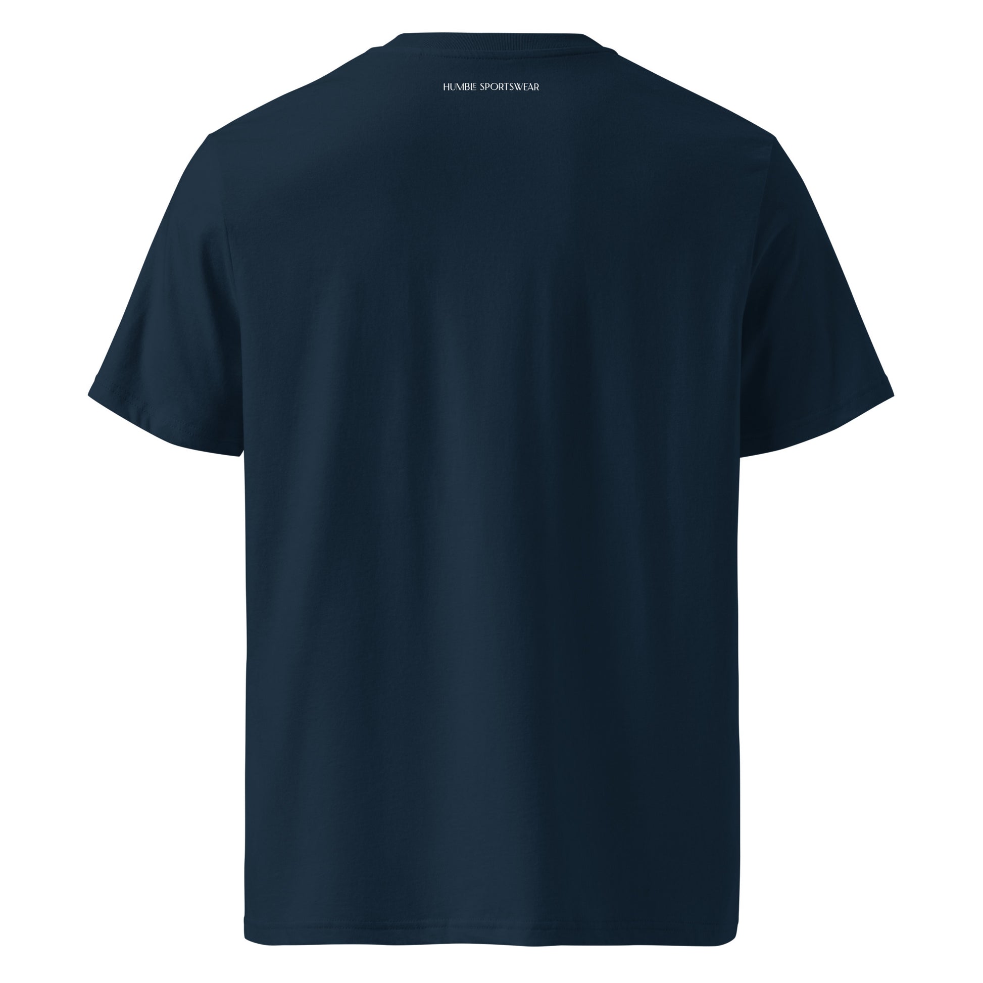 men's navy blue t-shirt with text on the back