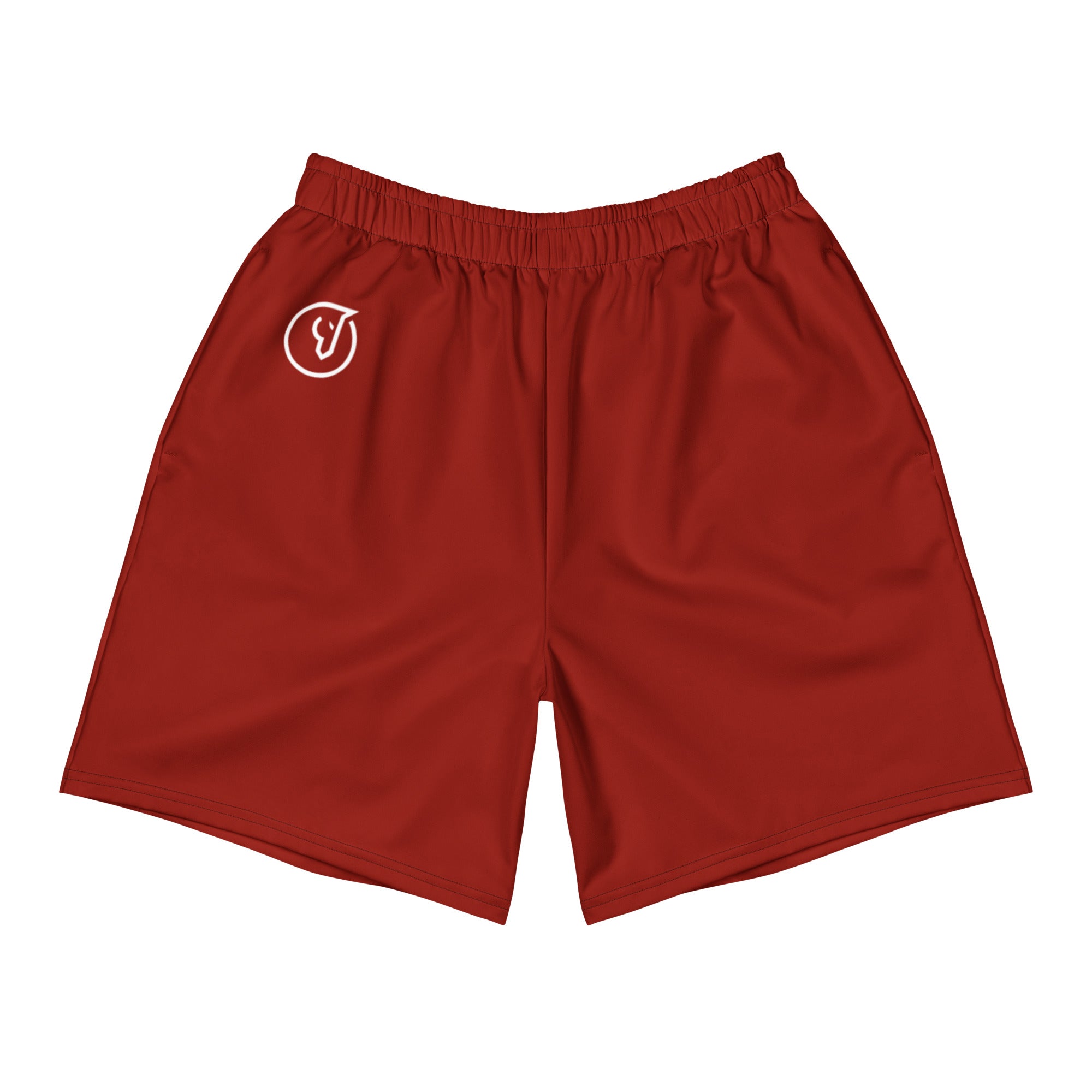 men's red athletic long shorts front view