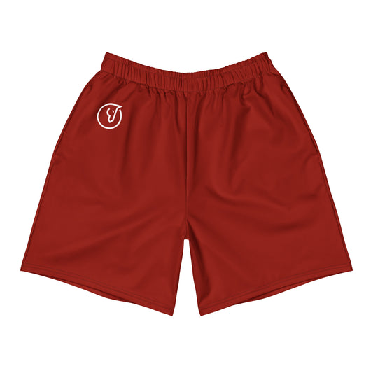 men's red athletic long shorts front view
