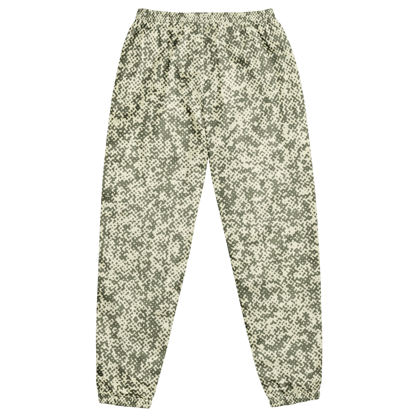 Patterned track pants on a white background