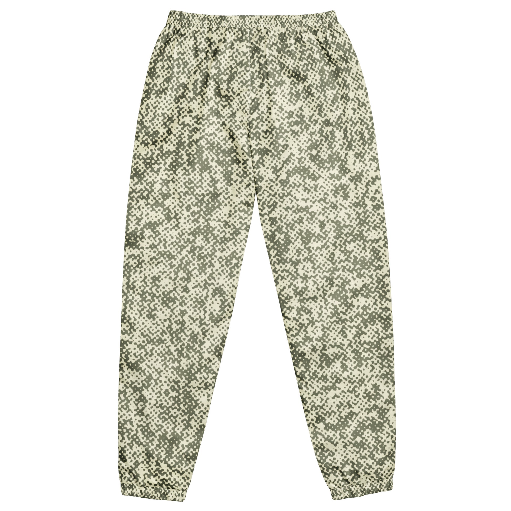 Patterned track pants on a white background