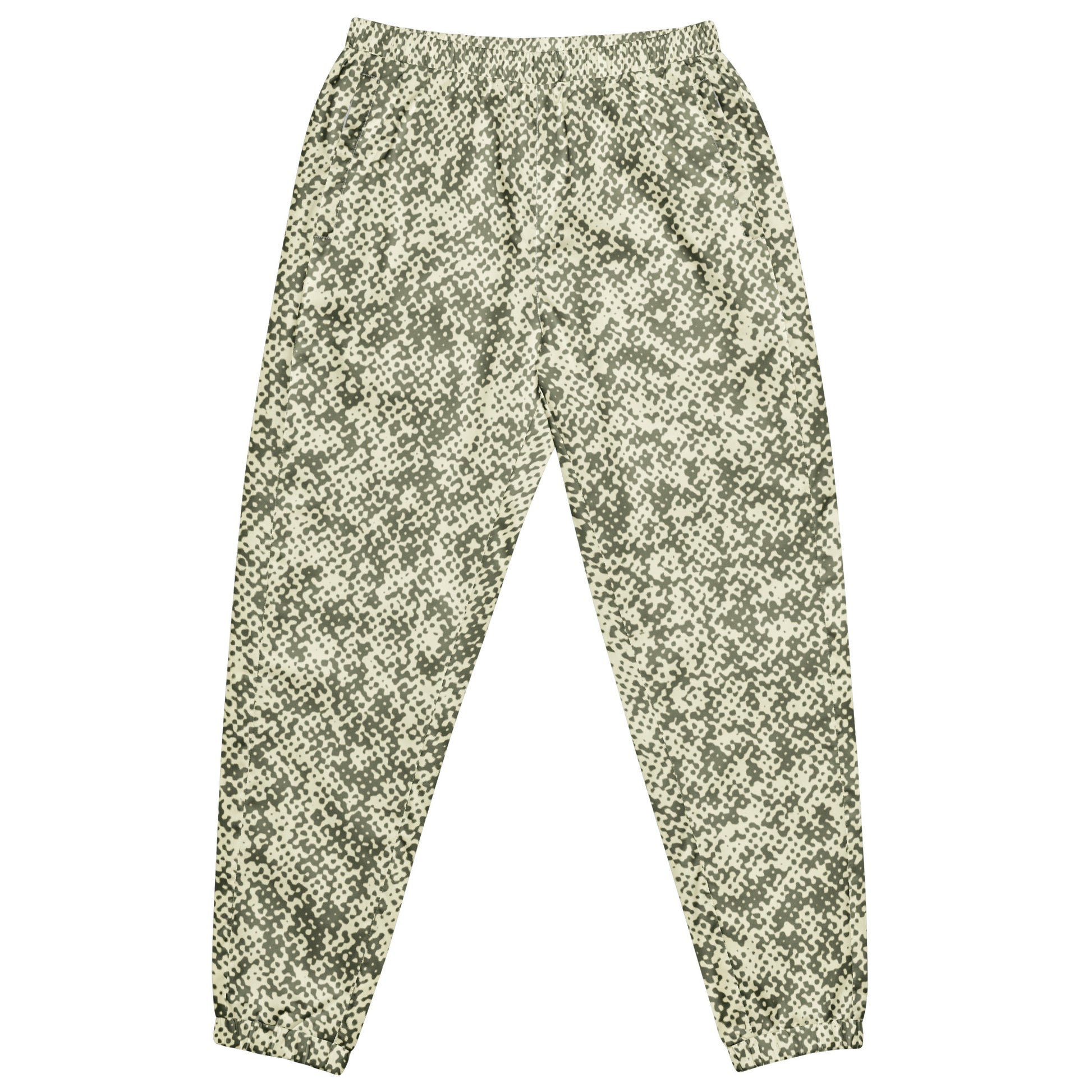 Camo patterned track pants on a white background