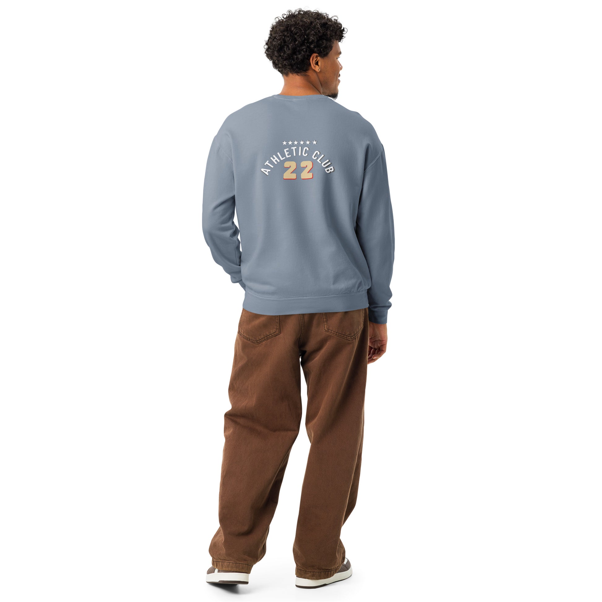 back view of classic blue men's crewneck sweatshirt 