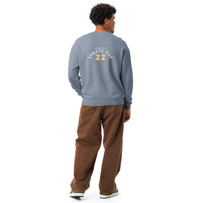 back view of classic blue men's crewneck sweatshirt 