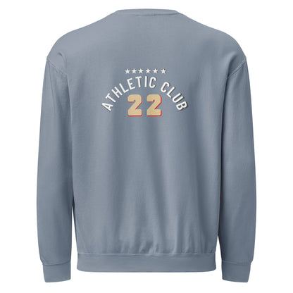 back view of relaxed fit blue crewneck for men