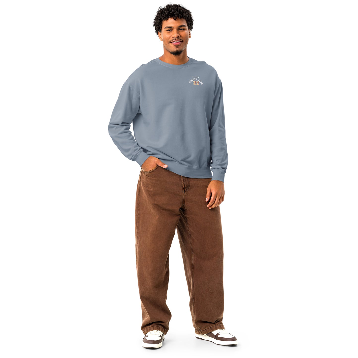 lightly faded garment dyed blue sweatshirt for men