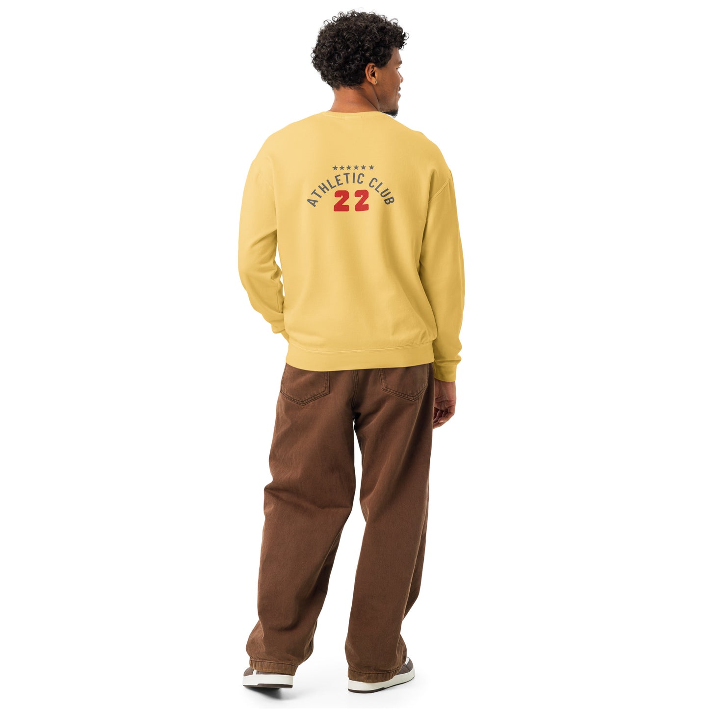 back view of men's fleece crewneck sweater