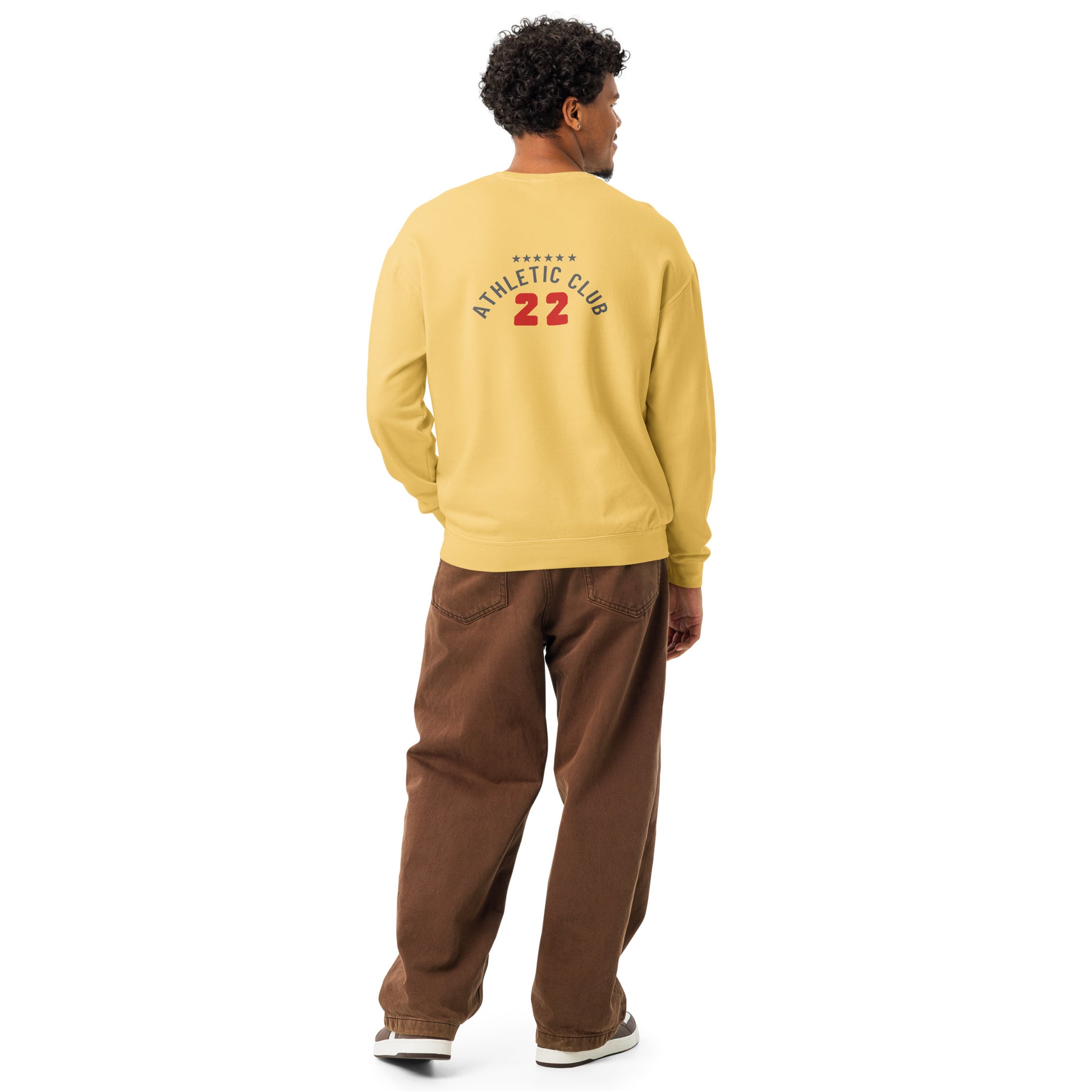 back view of men's fleece crewneck sweater