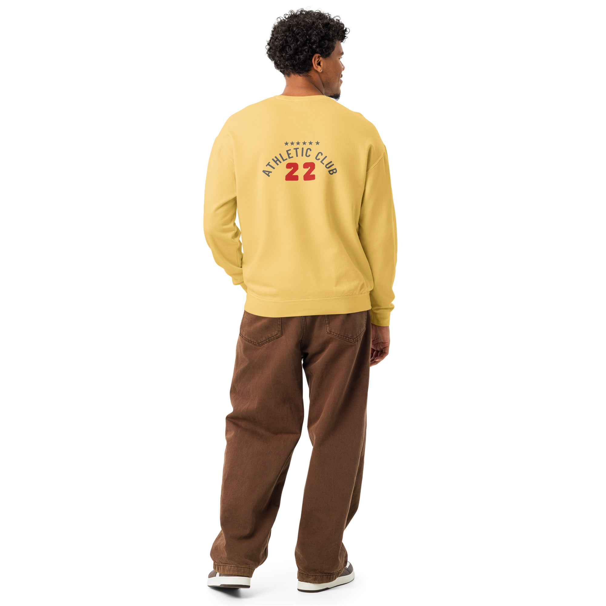 back view of men's fleece crewneck sweater