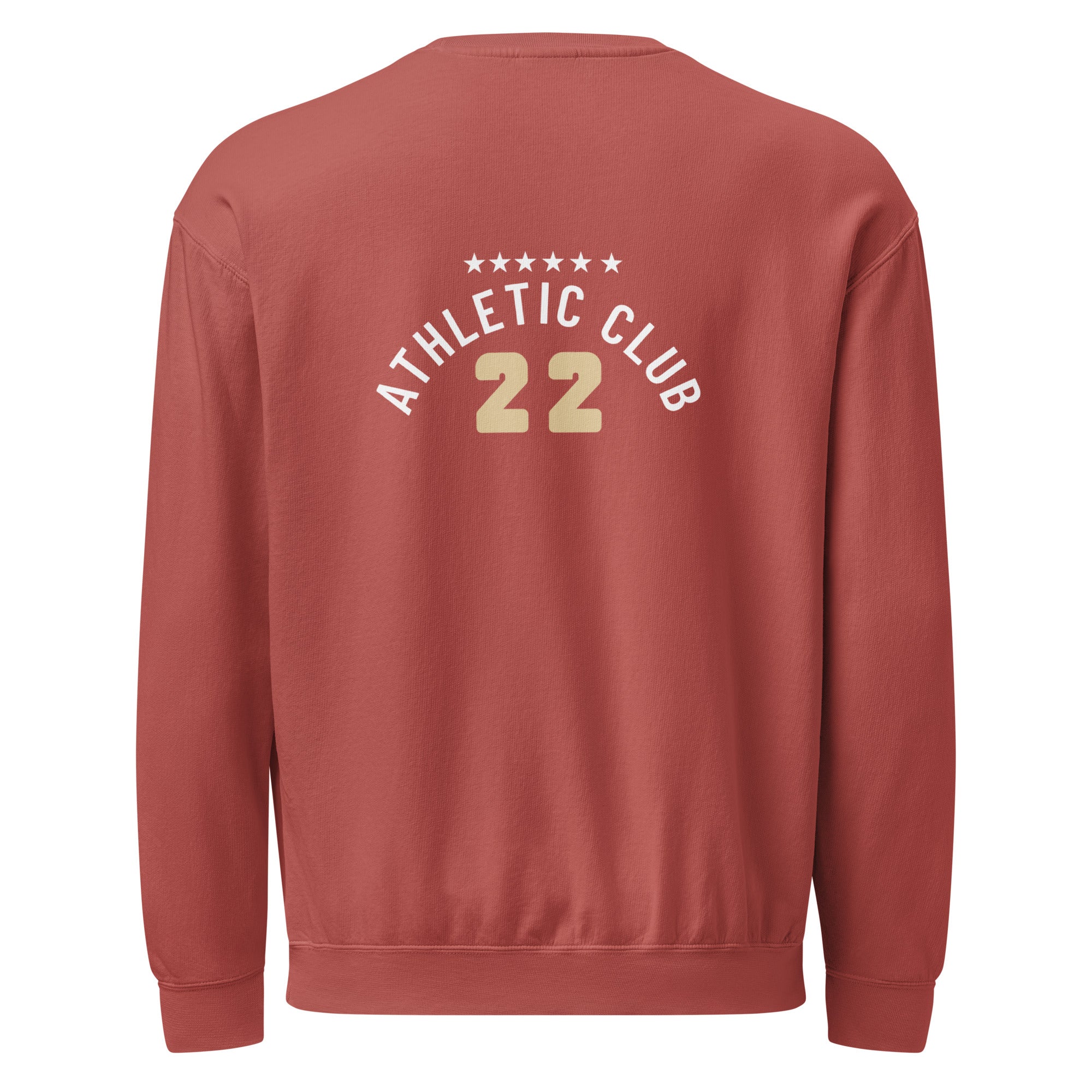 back view of washed crimson men's crewneck sweater