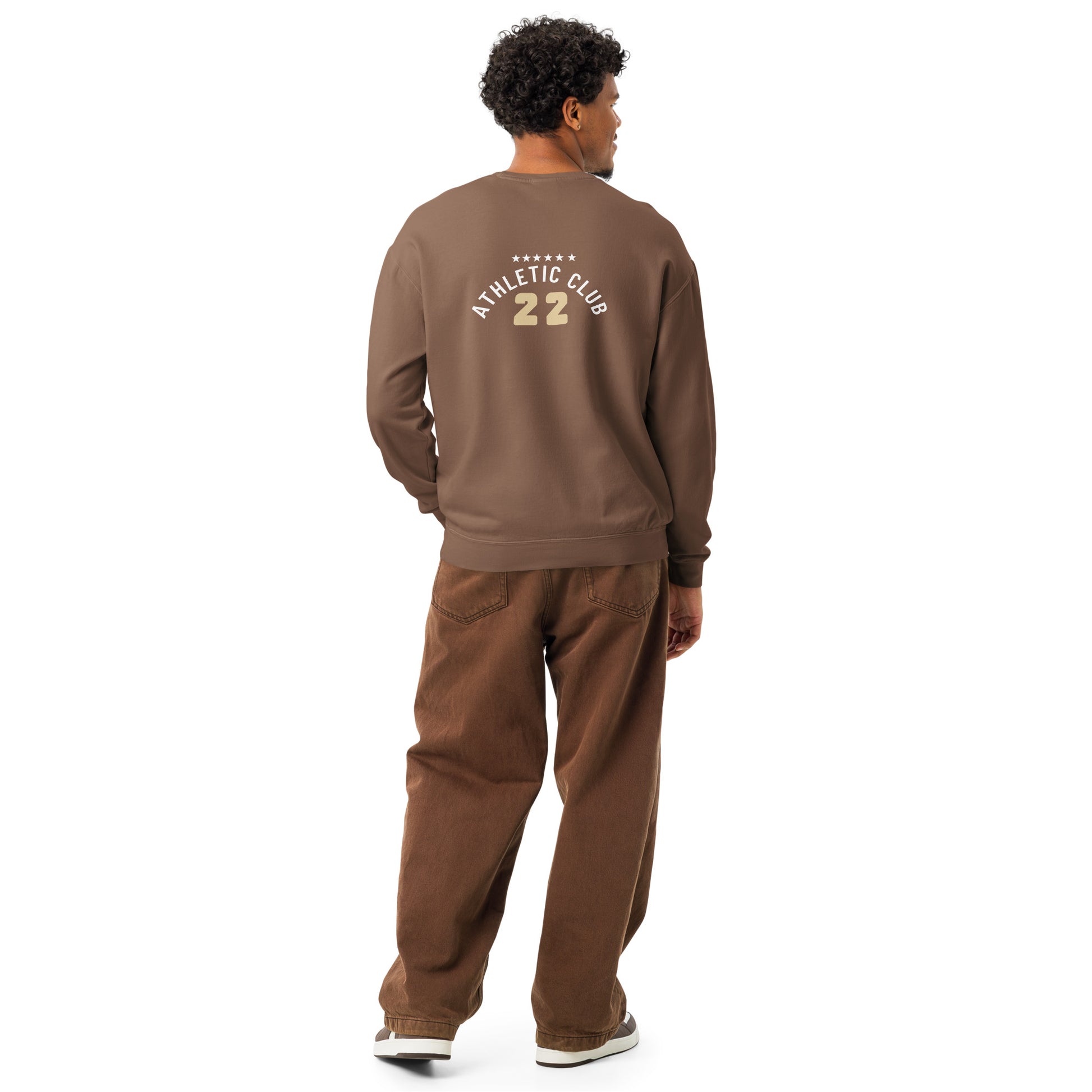 back view of men's vintage wash brown sweatshirt