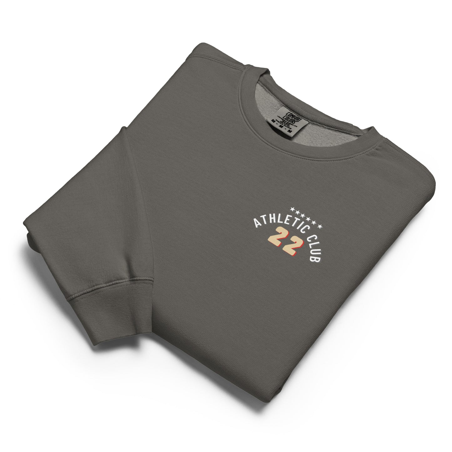 folded view of garment-dyed grey men's sweatshirt