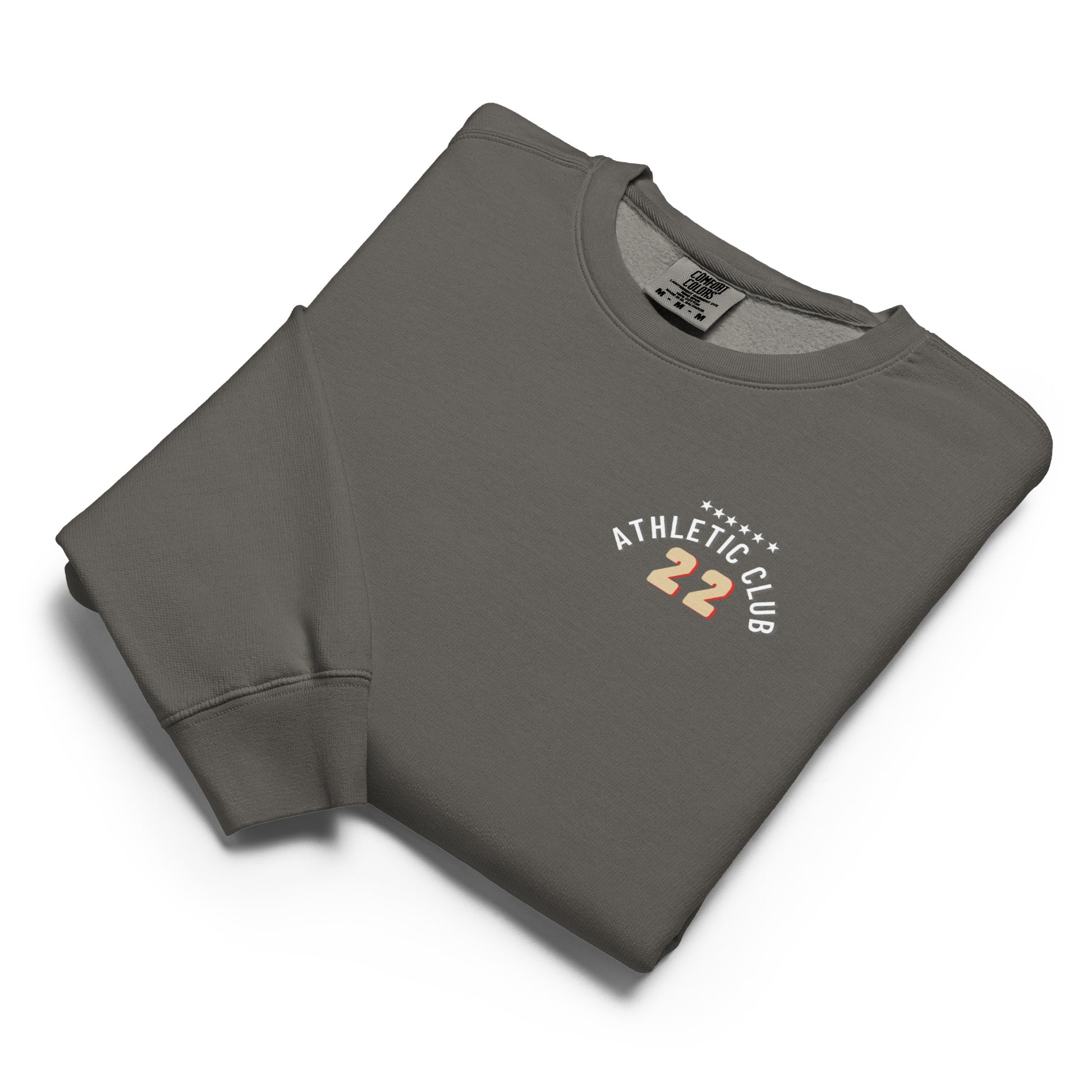 folded view of garment-dyed grey men's sweatshirt