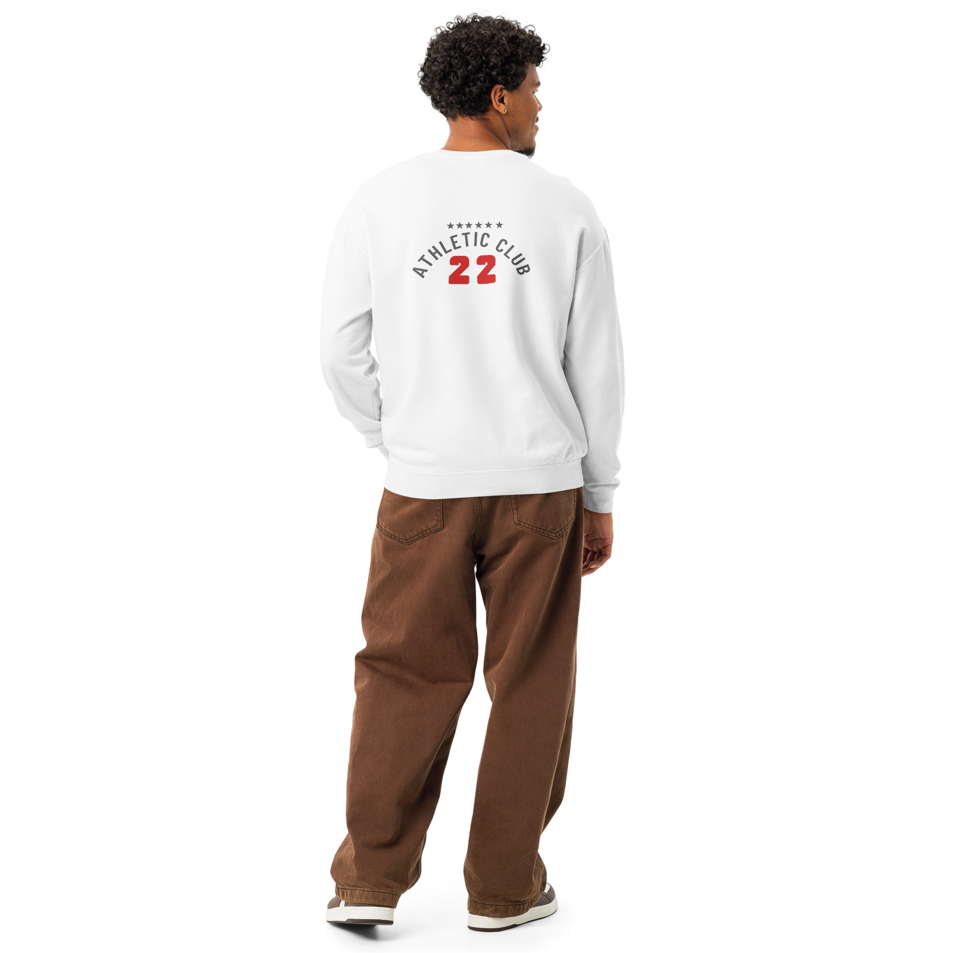 back view of relaxed fit white crewneck sweatshirt for men