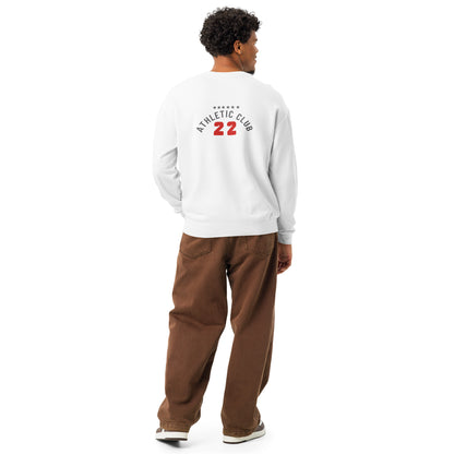 back view of relaxed fit white crewneck sweatshirt for men