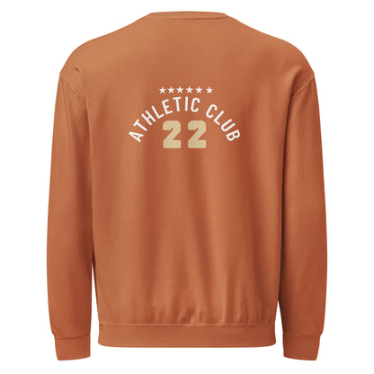 back view of men's orange crewneck sweater on white background
