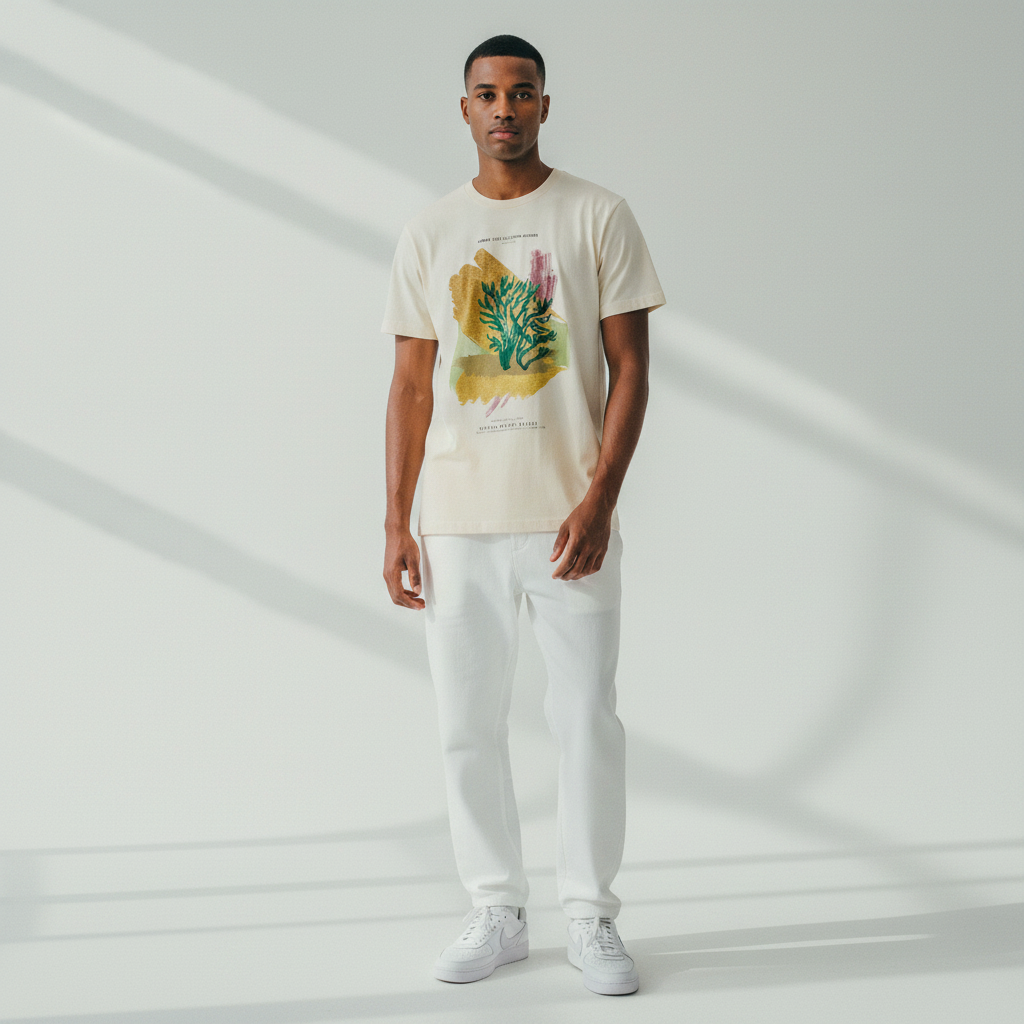 model wearing relaxed fit graphic tee featuring metallic gold cactus artwork