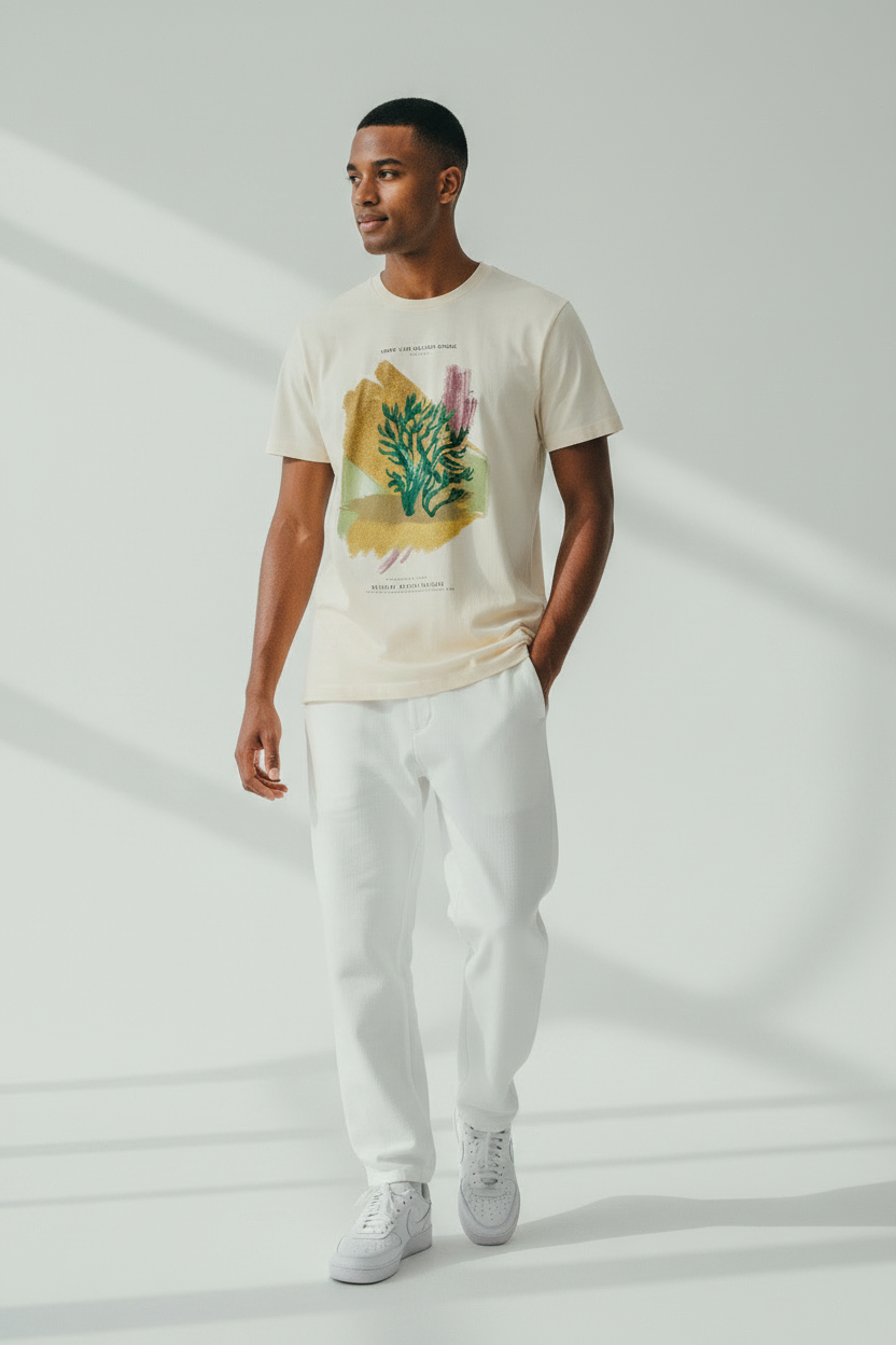 male model wearing modern artistic t-shirt with cactus-inspired mixed media composition