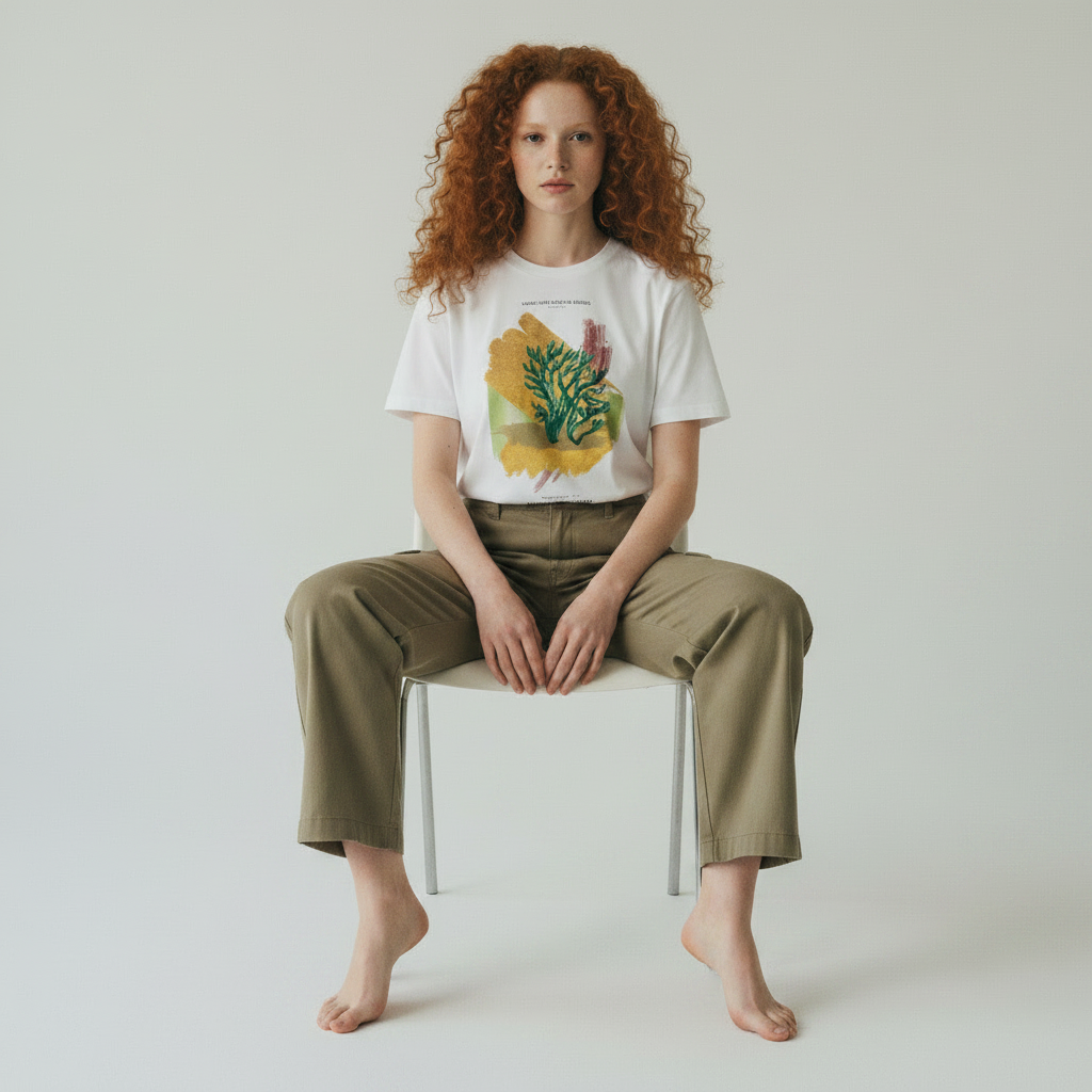 model sitting on a chair wearing a mixed media abstract painting graphic printed on organic cotton tee
