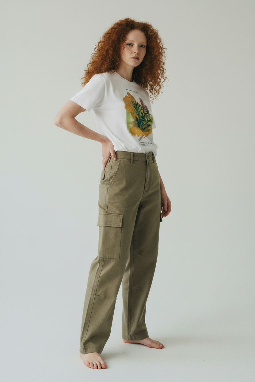 model wearing minimal editorial cactus graphic t-shirt with metallic gold details