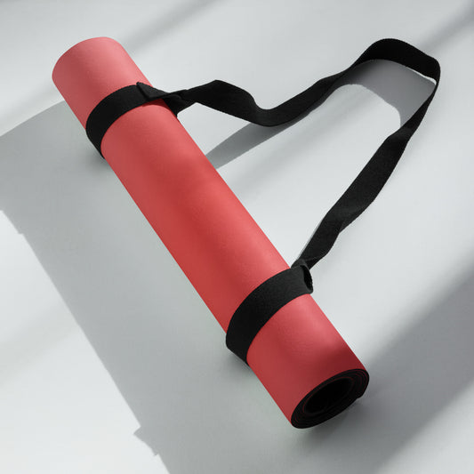 red microsuede anti-slip yoga mat with carrier, mireille fine art 