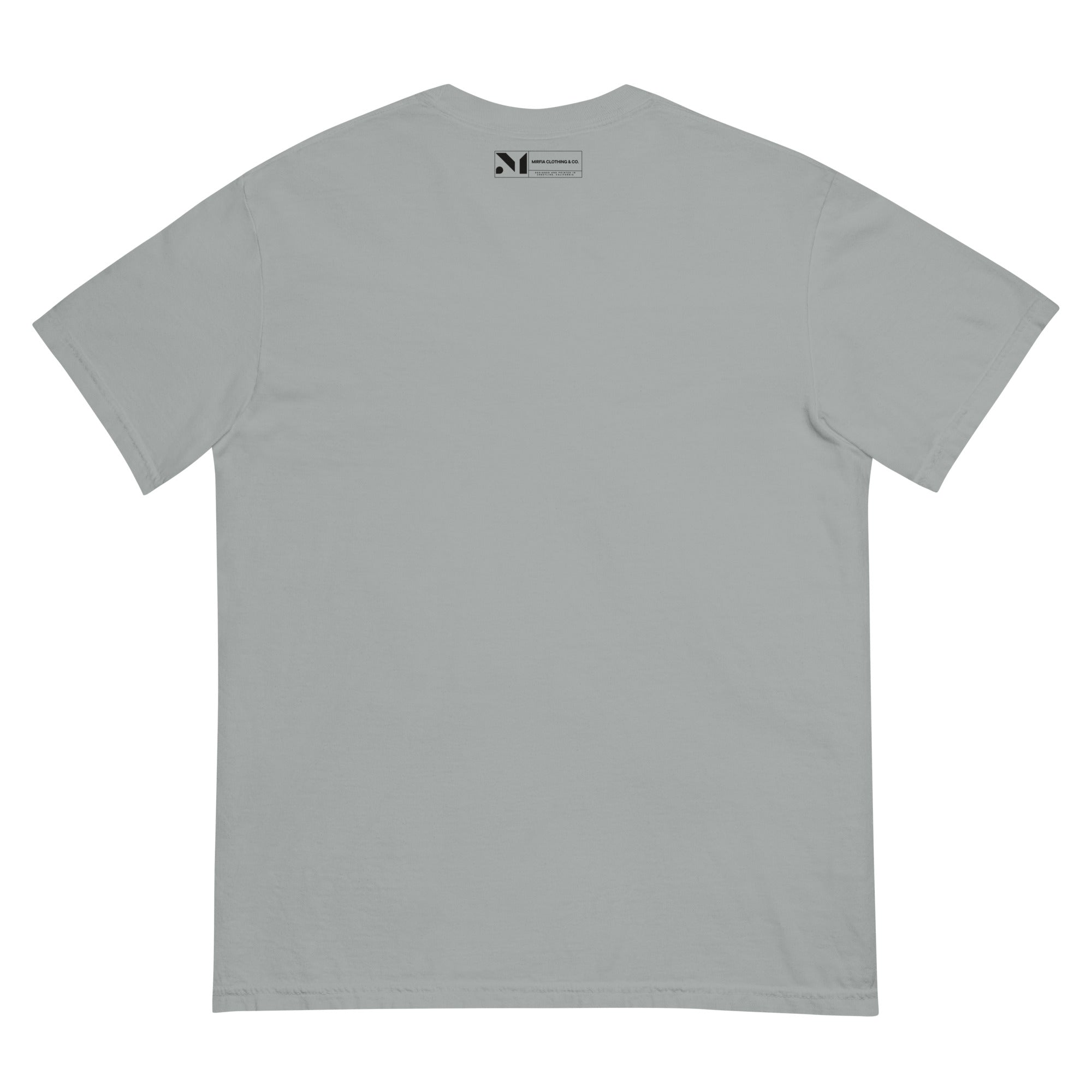 back view of grey heavyweight t-shirt with label