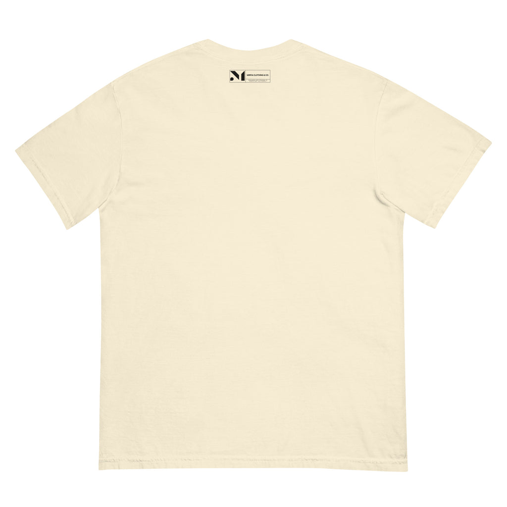 back view of graphic t-shirt with label
