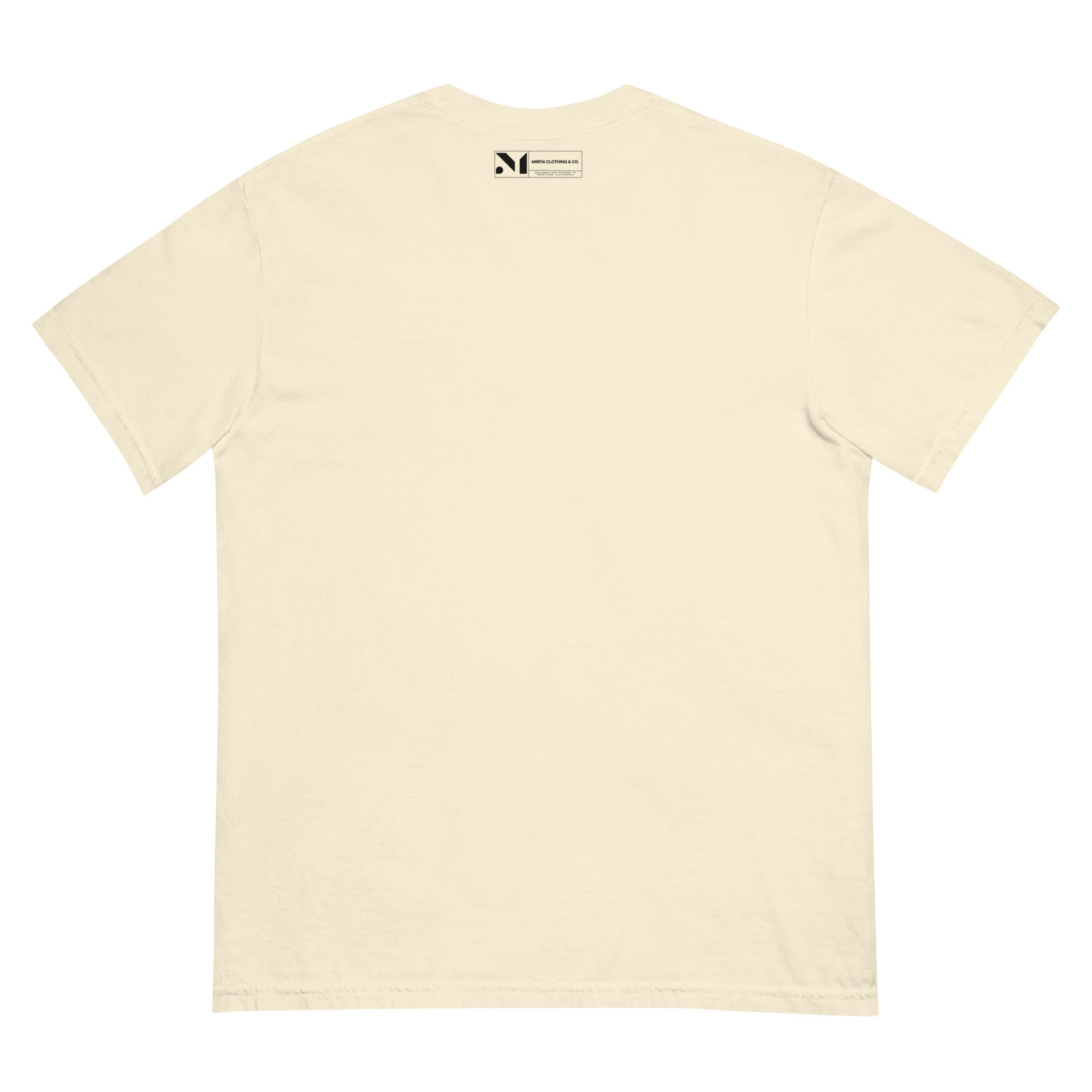 back view of graphic t-shirt with label