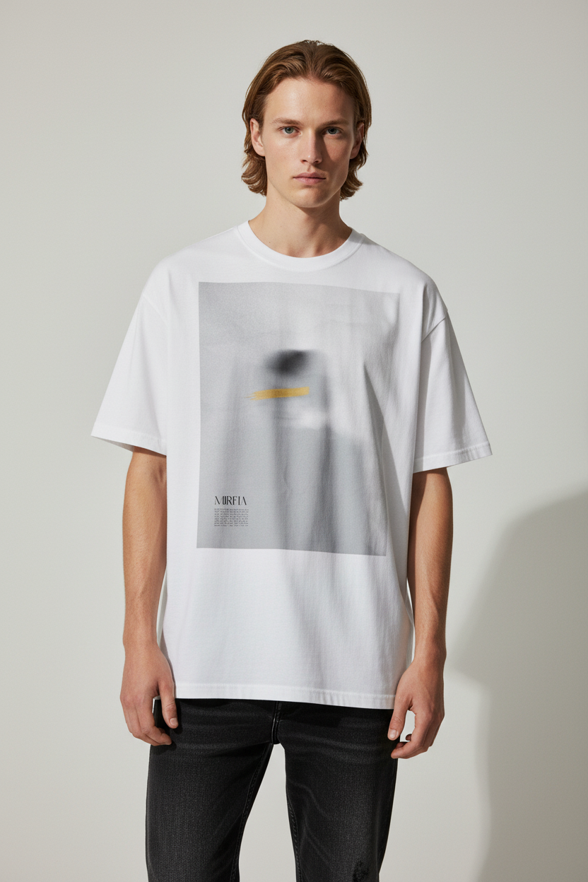 Male model wearing a white t-shirt with a graphic design with a blurred figure 