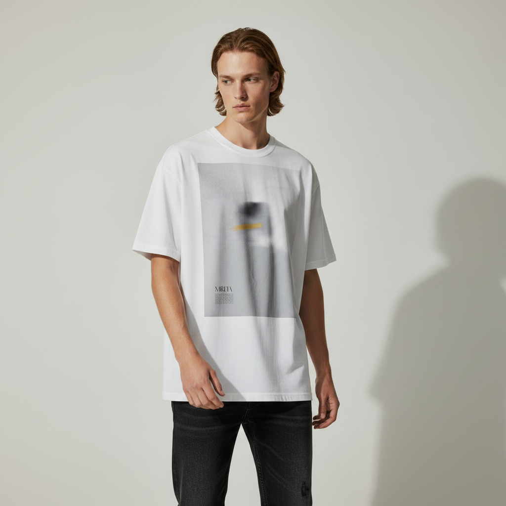 male model wearing a white t-shirt with a graphic design on a plain background