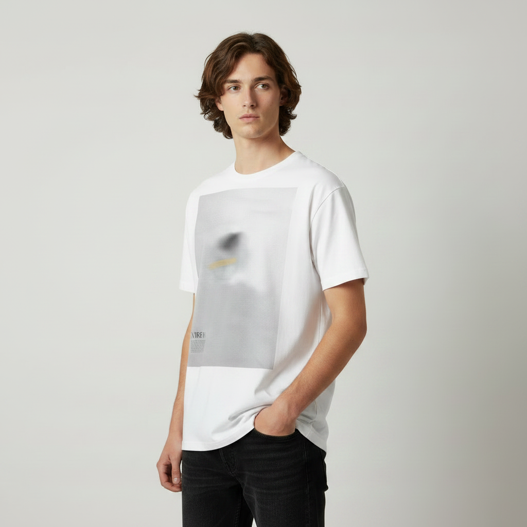side view of graphic t-shirt on male model