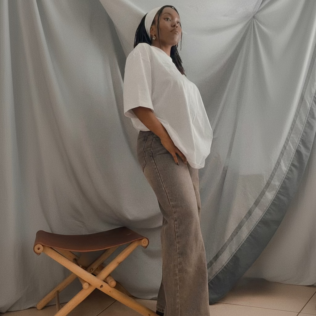 A woman wearing an oversized white short-sleeve top and wide-leg beige jeans stands in front of draped gray fabric, with a small wooden folding stool on the floor.