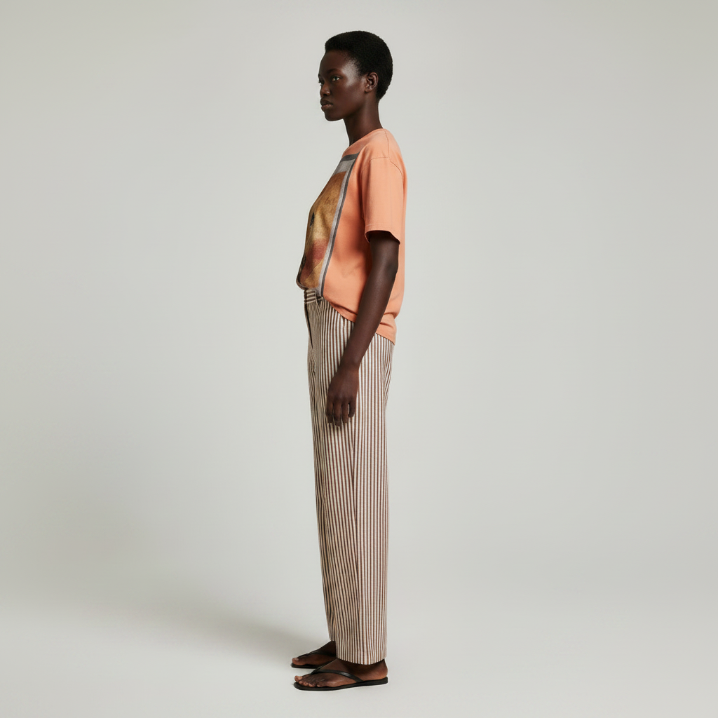 female model wearing a peach-colored heavyweight t-shirt and striped pants 