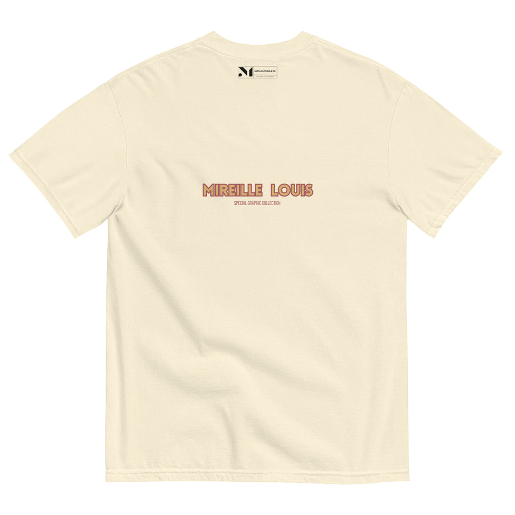 flat lay of beige t-shirt with 'Mireille Louis' branding on a white background