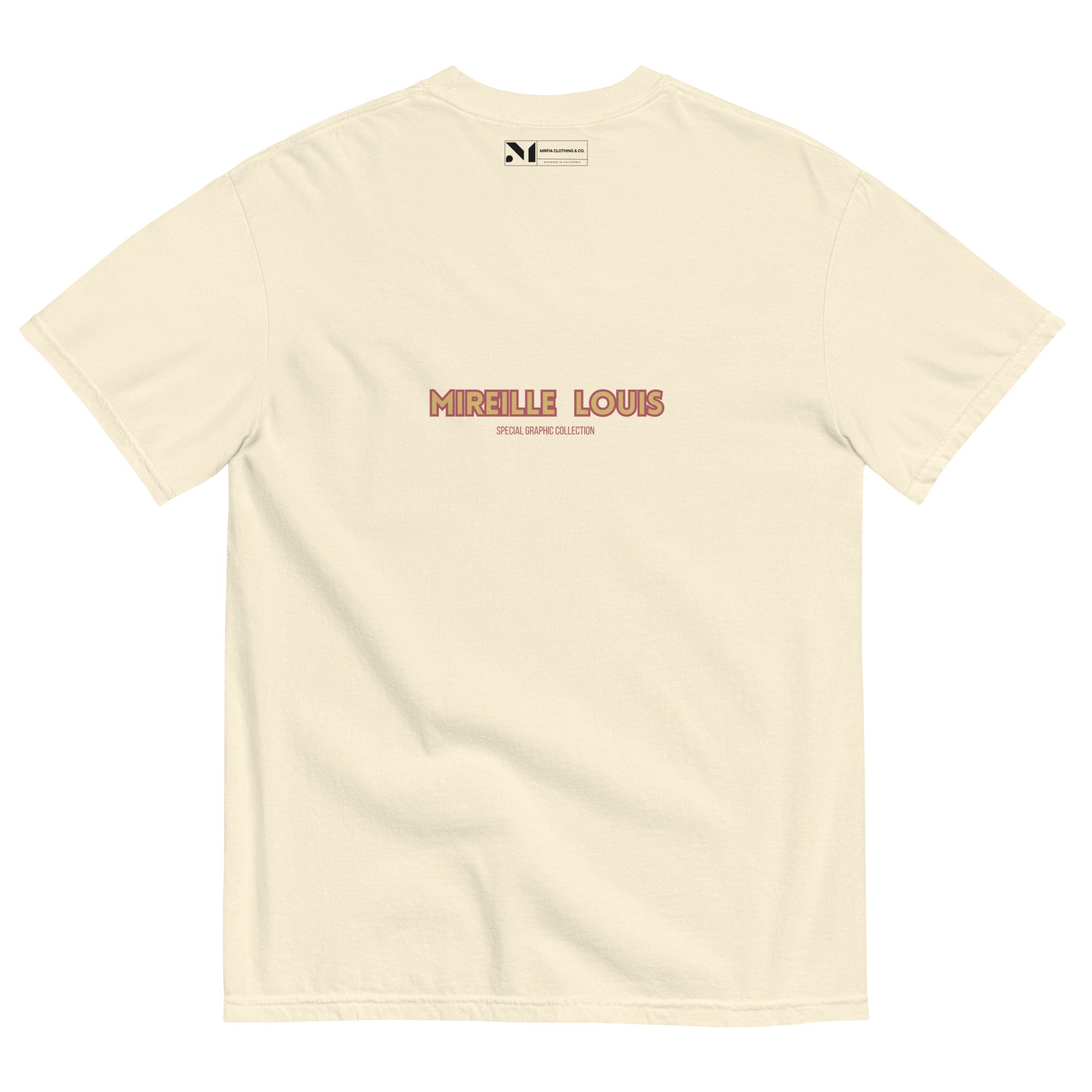 flat lay of beige t-shirt with 'Mireille Louis' branding on a white background