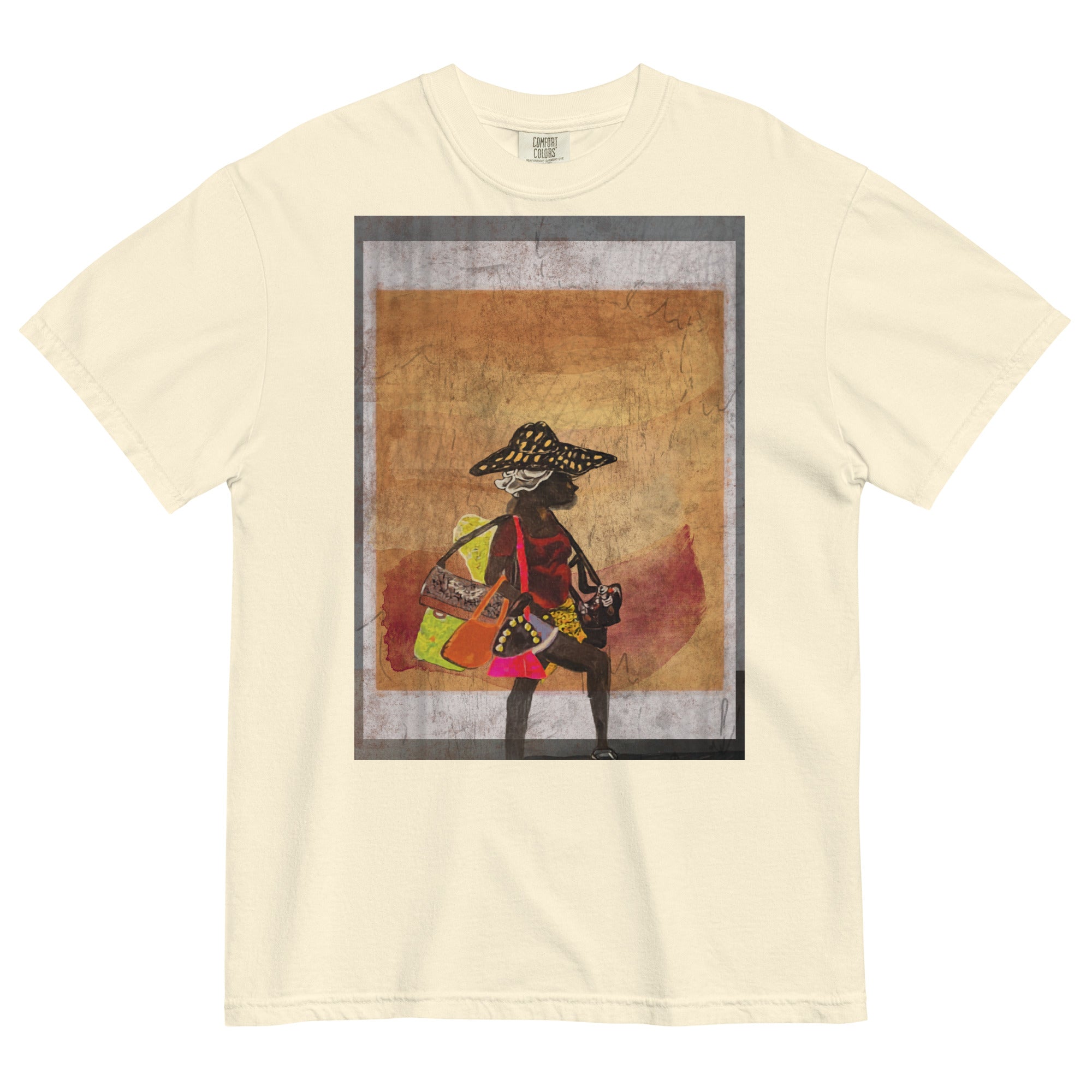 flat lay of beige t-shirt with a graphic print of a woman in traditional attire 