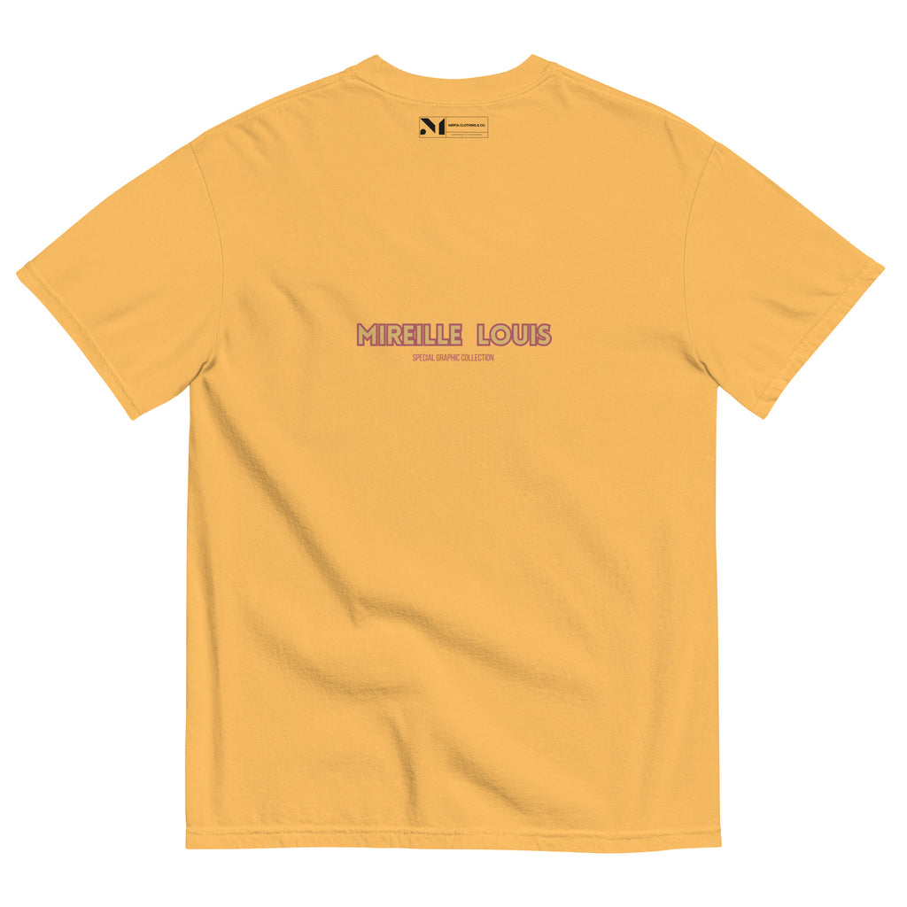 back view of heavyweight garment dyed t-shirt with text
