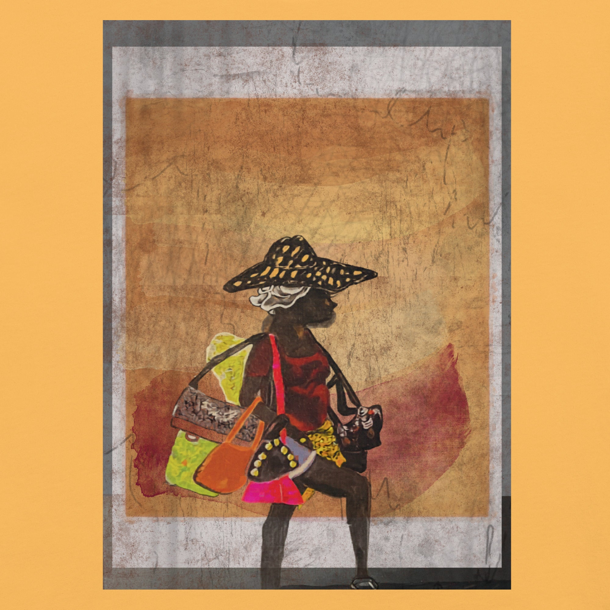 illustration of woman holding purses on heavyweight graphic t-shirt