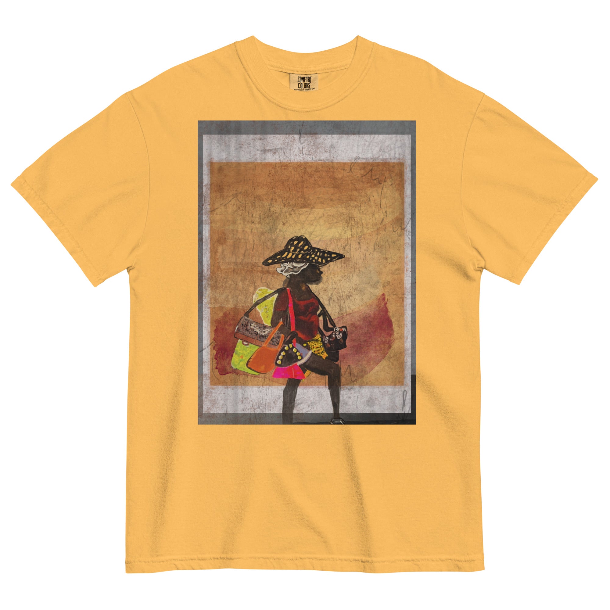 flat lay of yellow t-shirt with a graphic design of woman holding purses