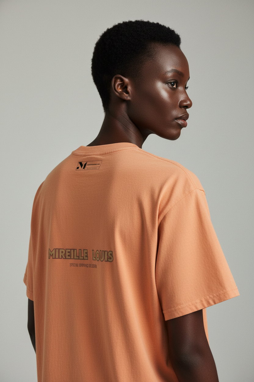 back view of female model wearing a heavyweight t-shirt with branding